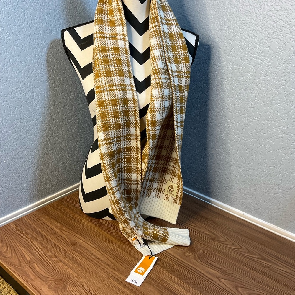 Timberland Plaid Knit Scarf Mustard Cream New With Tags NWT $60 Winter Unisex